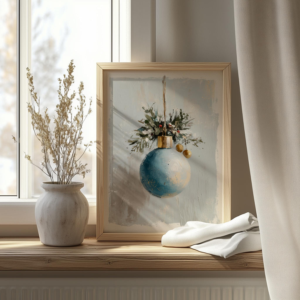 Blue Bulb Christmas art print shown in a room setting