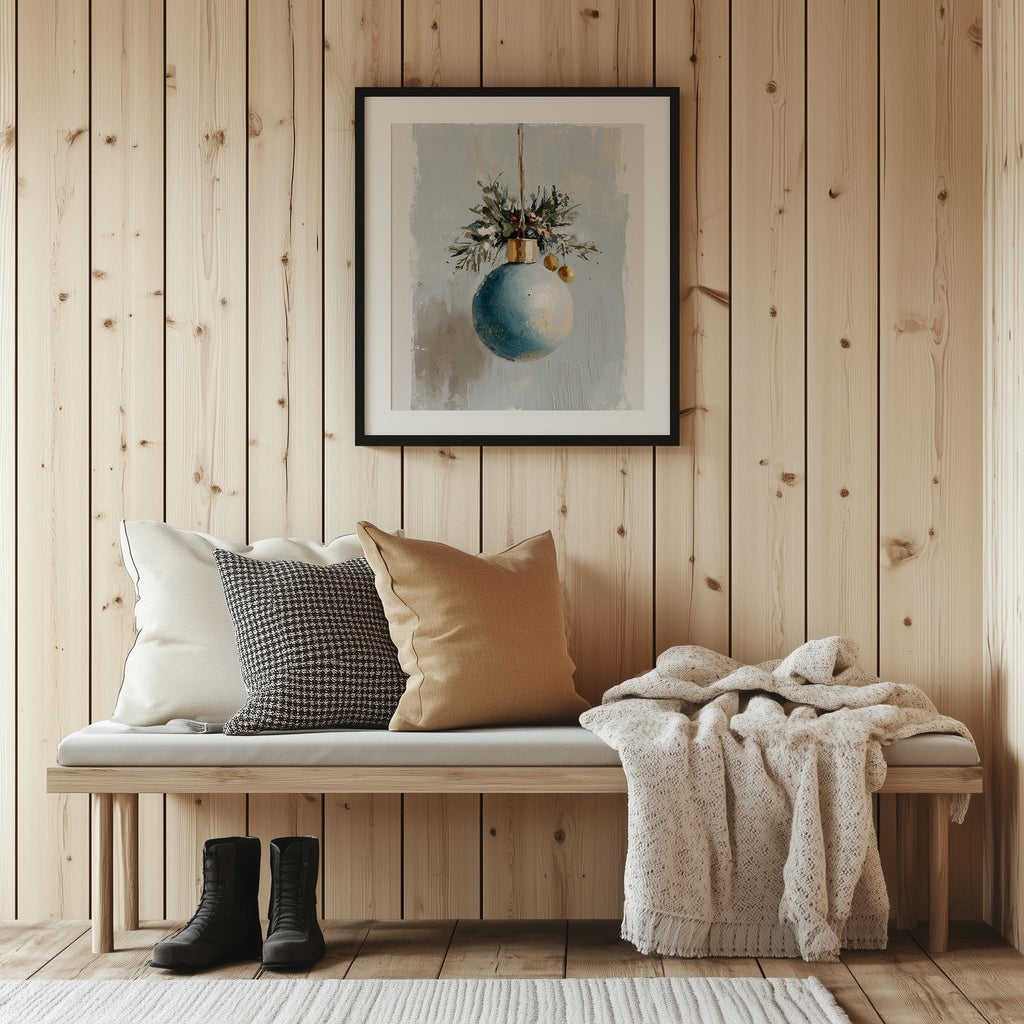 Blue Bulb Christmas art print shown in a room setting