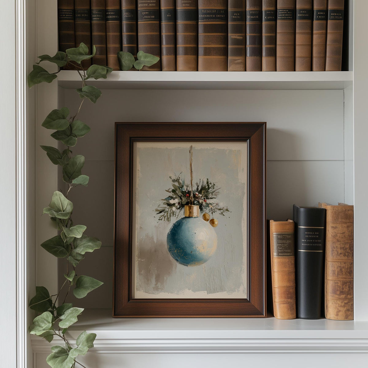 Blue Bulb Christmas art print shown in a room setting