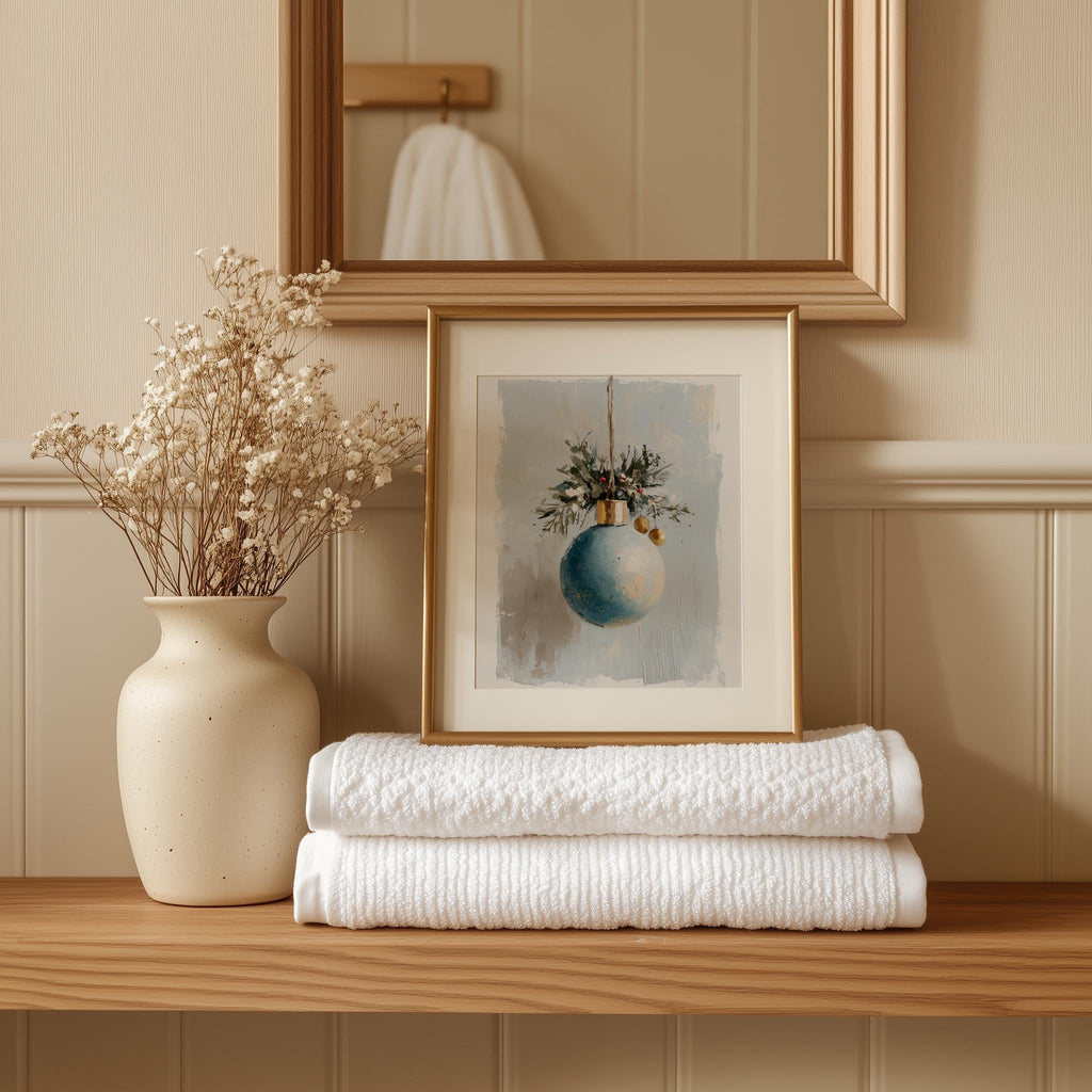 Blue Bulb Christmas art print shown in a room setting