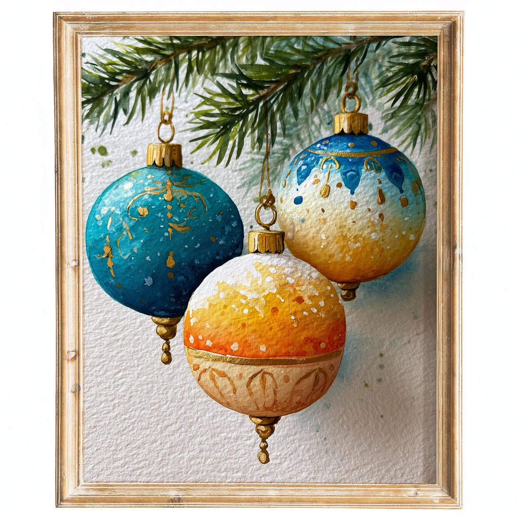 Teal Gold Bulbs Christmas art print framed