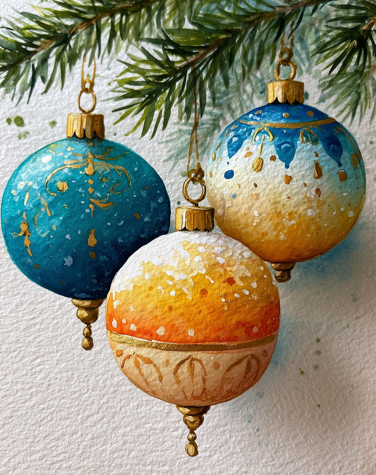 Teal Gold Bulbs Christmas art print unframed, signed by Pattie Overcash