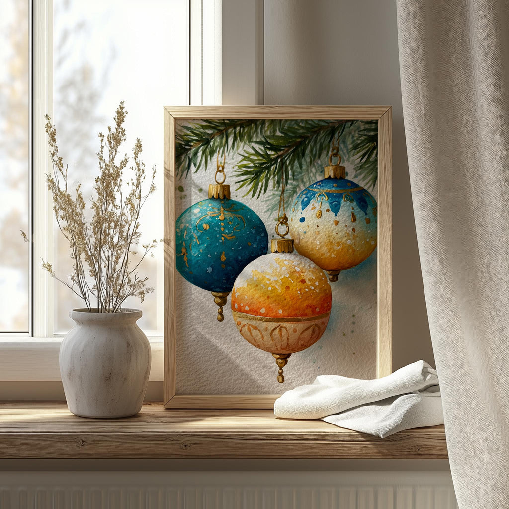 Teal Gold Bulbs Christmas art print shown in a room setting