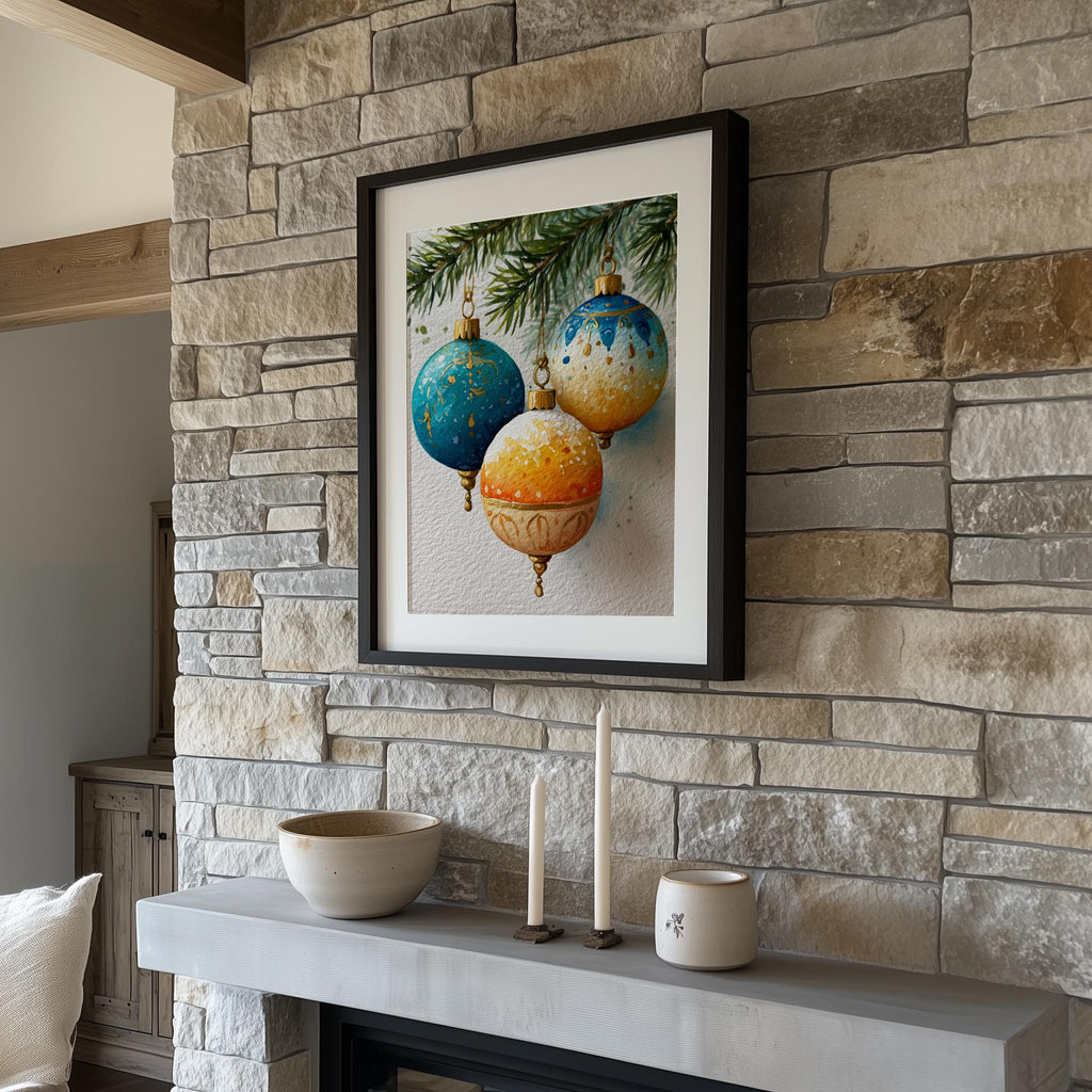 Teal Gold Bulbs Christmas art print shown in a room setting