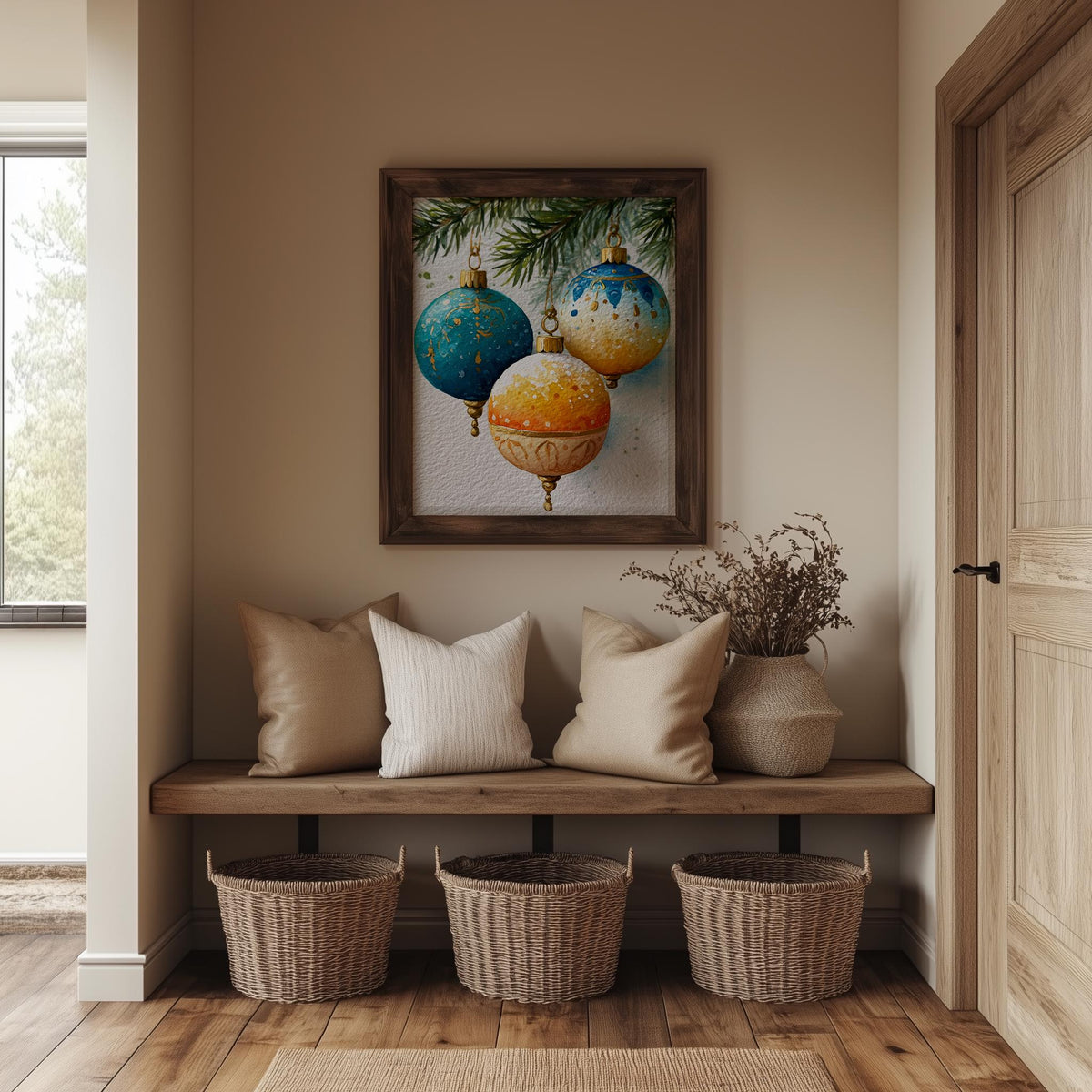 Teal Gold Bulbs Christmas art print shown in a room setting