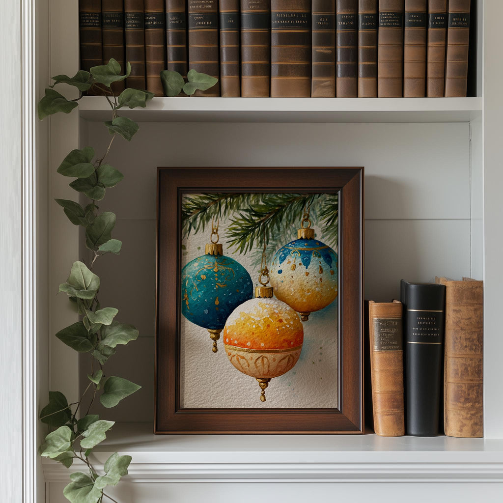 Teal Gold Bulbs Christmas art print shown in a room setting