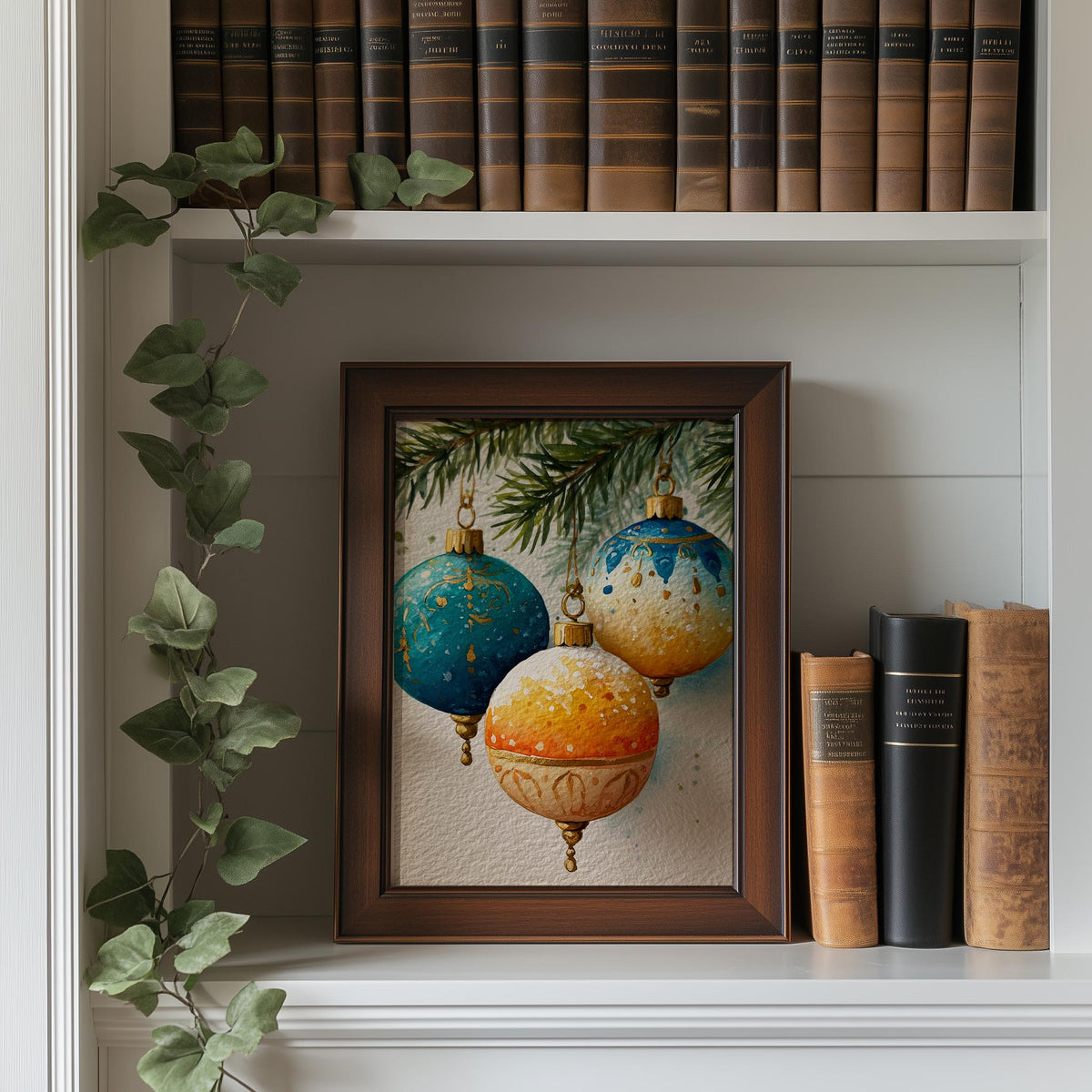 Teal Gold Bulbs Christmas art print shown in a room setting