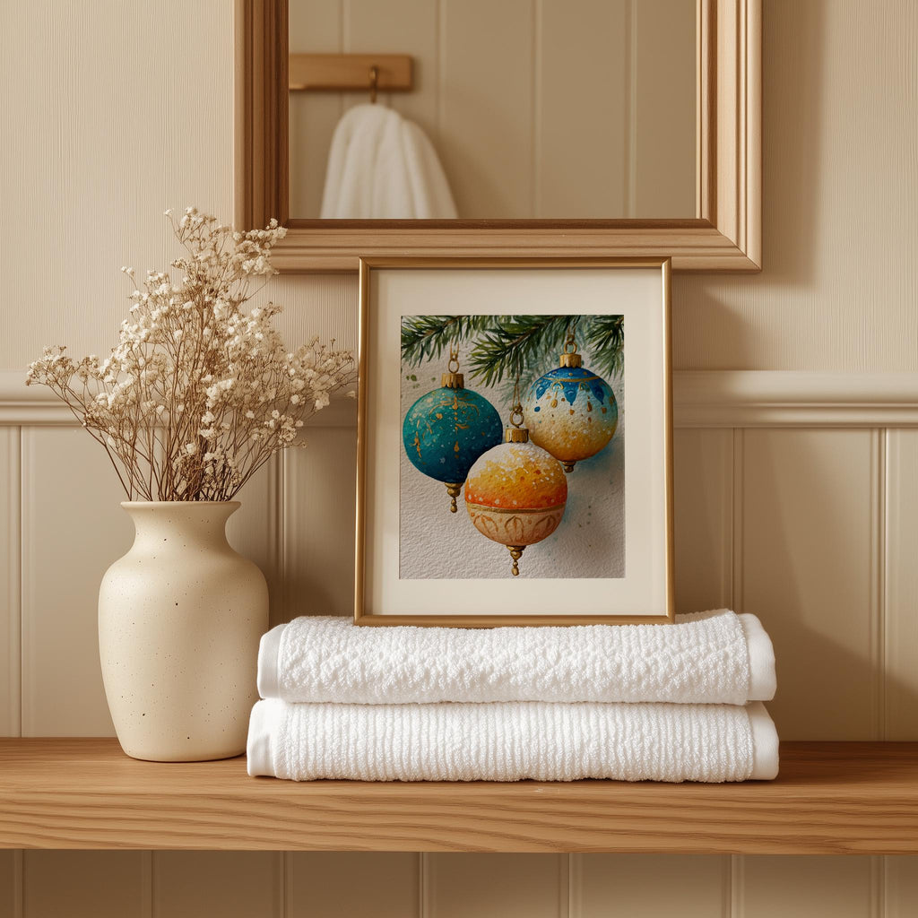 Teal Gold Bulbs Christmas art print shown in a room setting