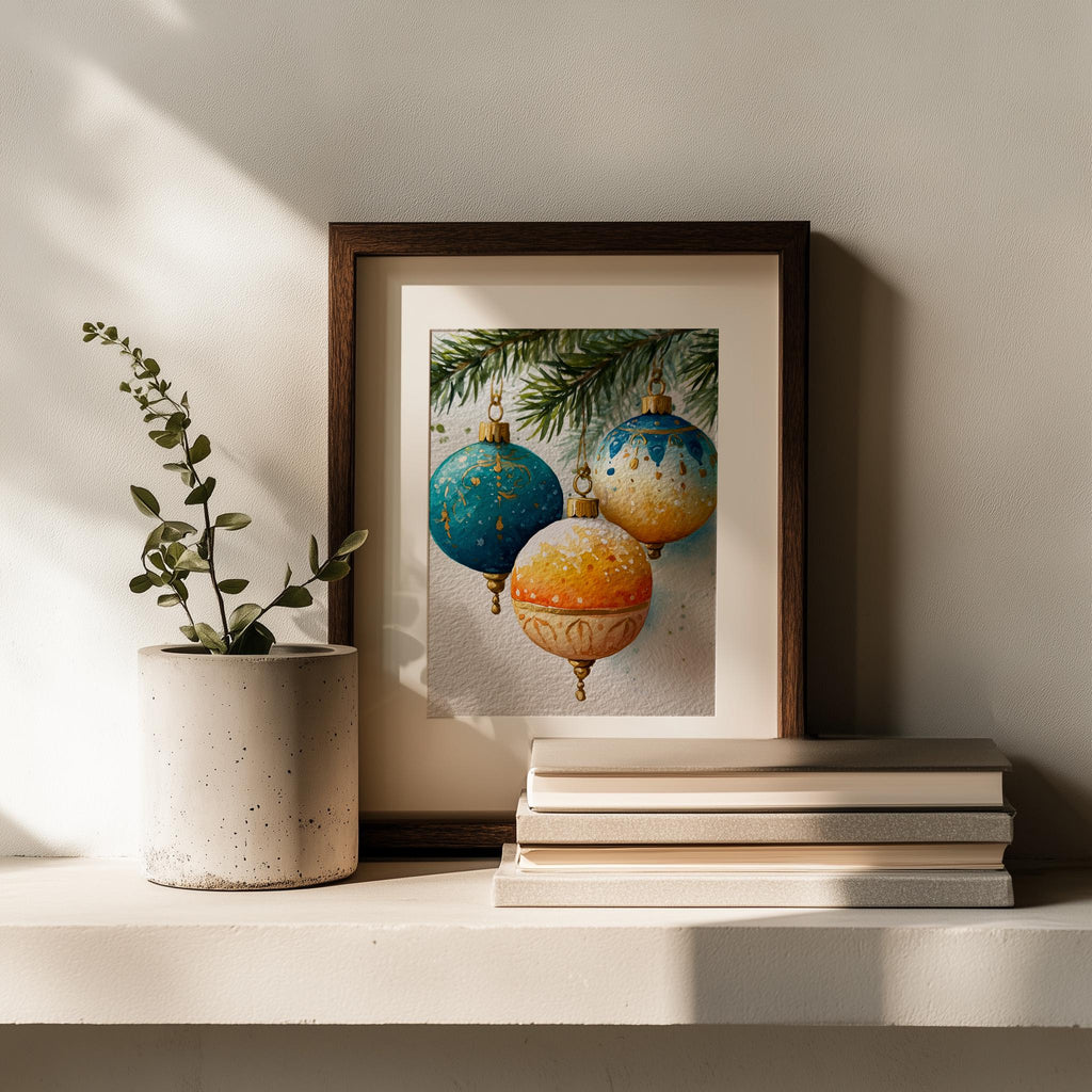 Teal Gold Bulbs Christmas art print shown in a room setting