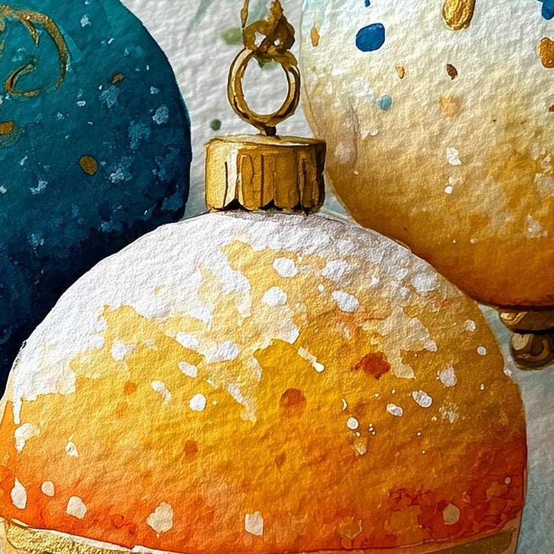 Teal Gold Bulbs Christmas art print close-up detail