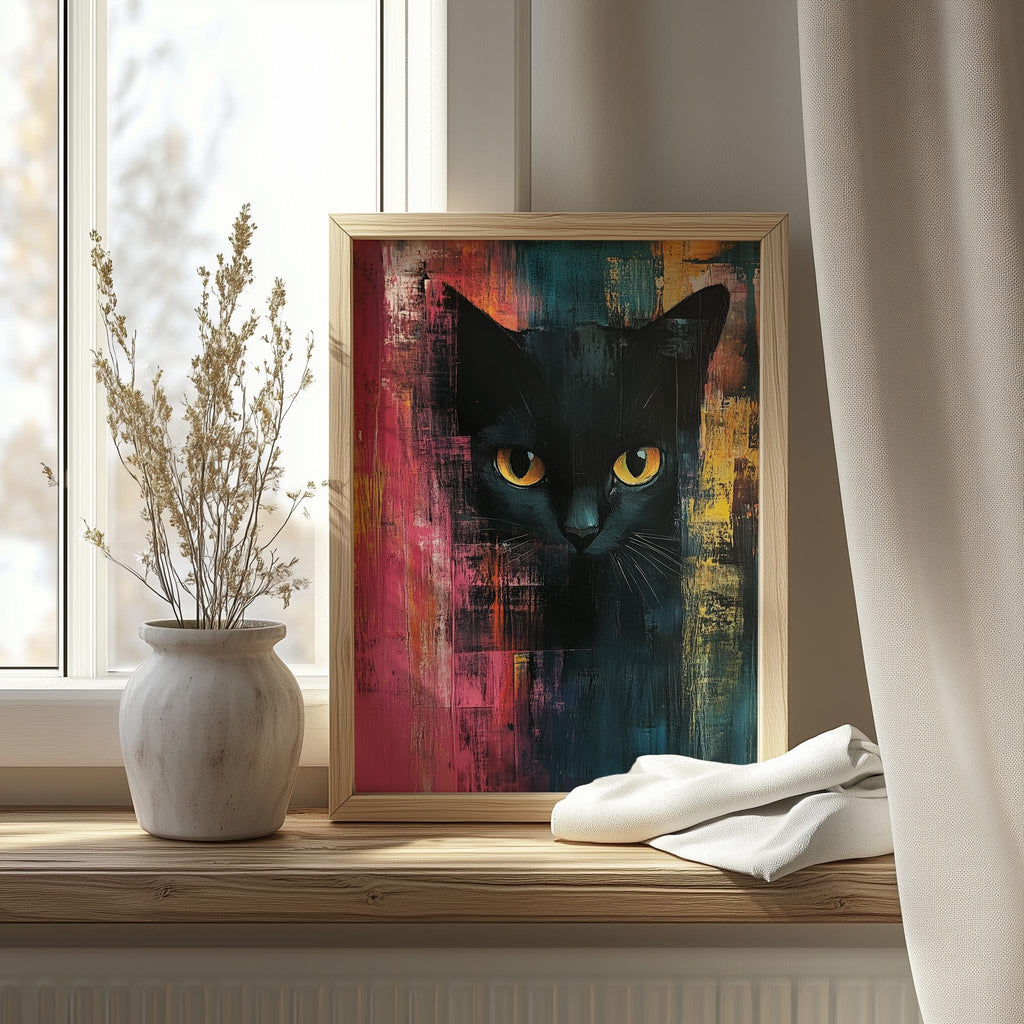 Bold Black Cat animal art print shown in a room setting