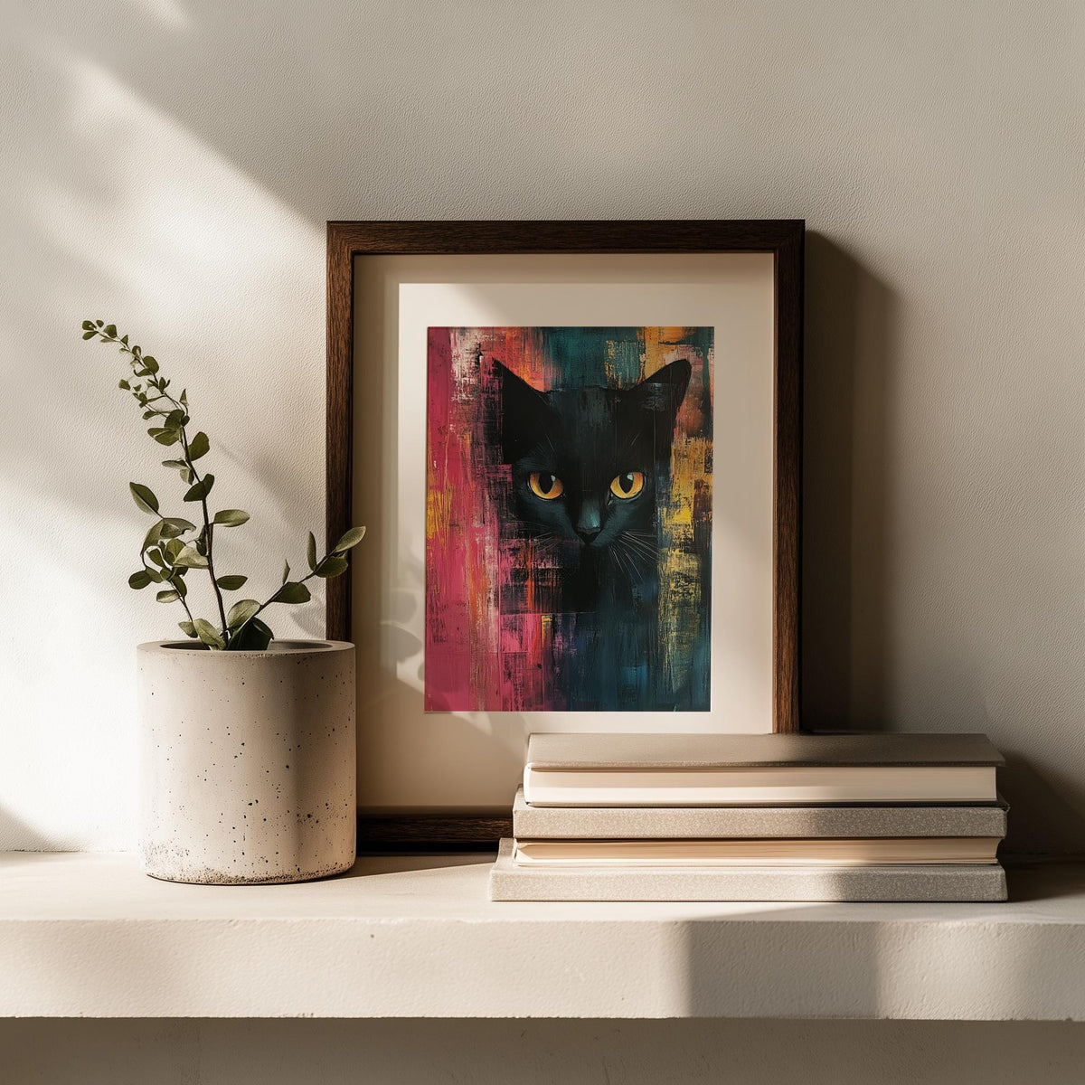 Bold Black Cat animal art print shown in a room setting