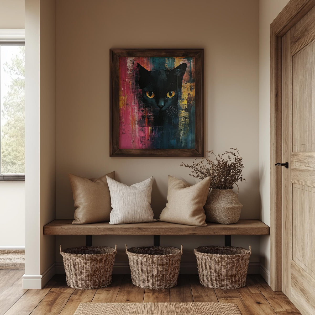 Bold Black Cat animal art print shown in a room setting