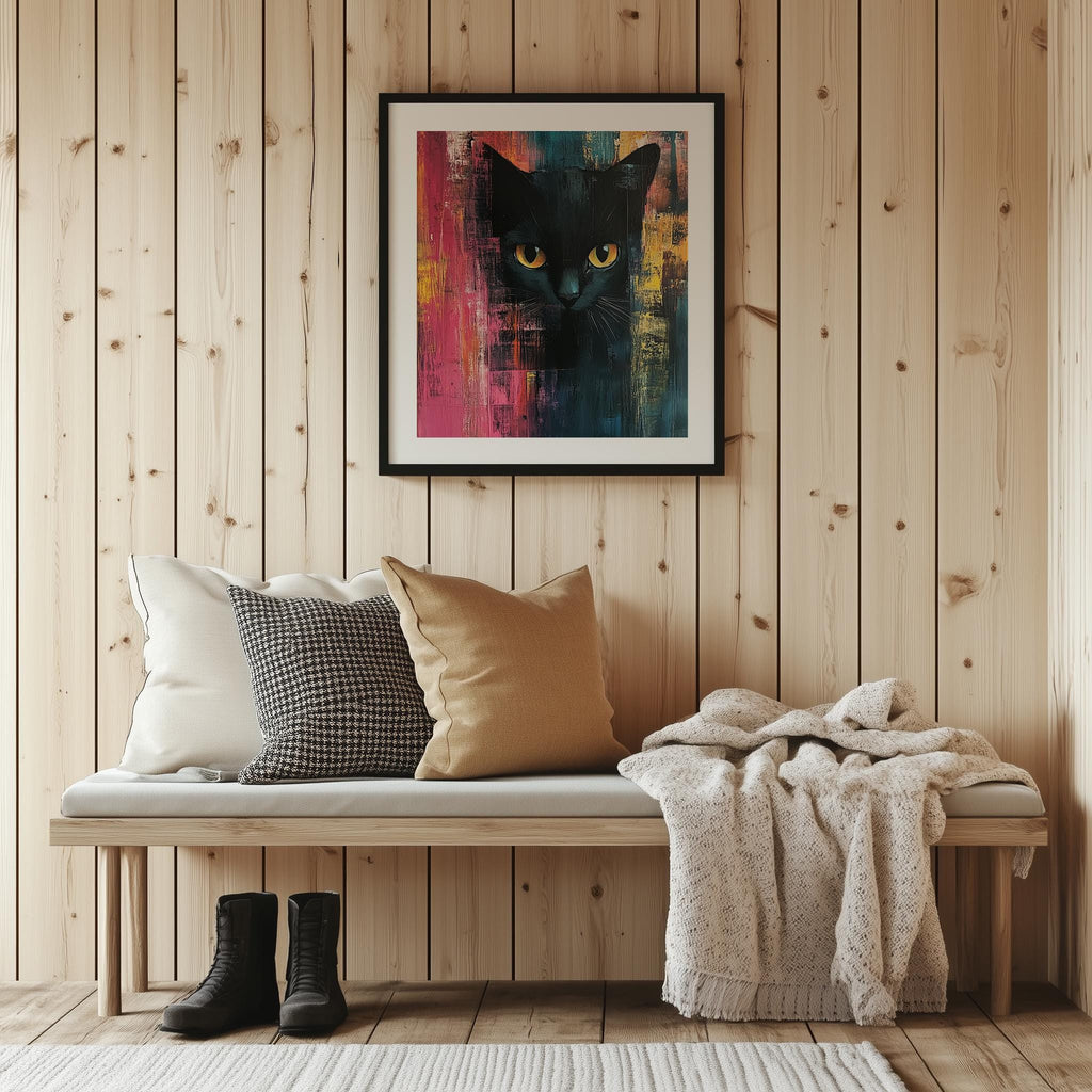 Bold Black Cat animal art print shown in a room setting