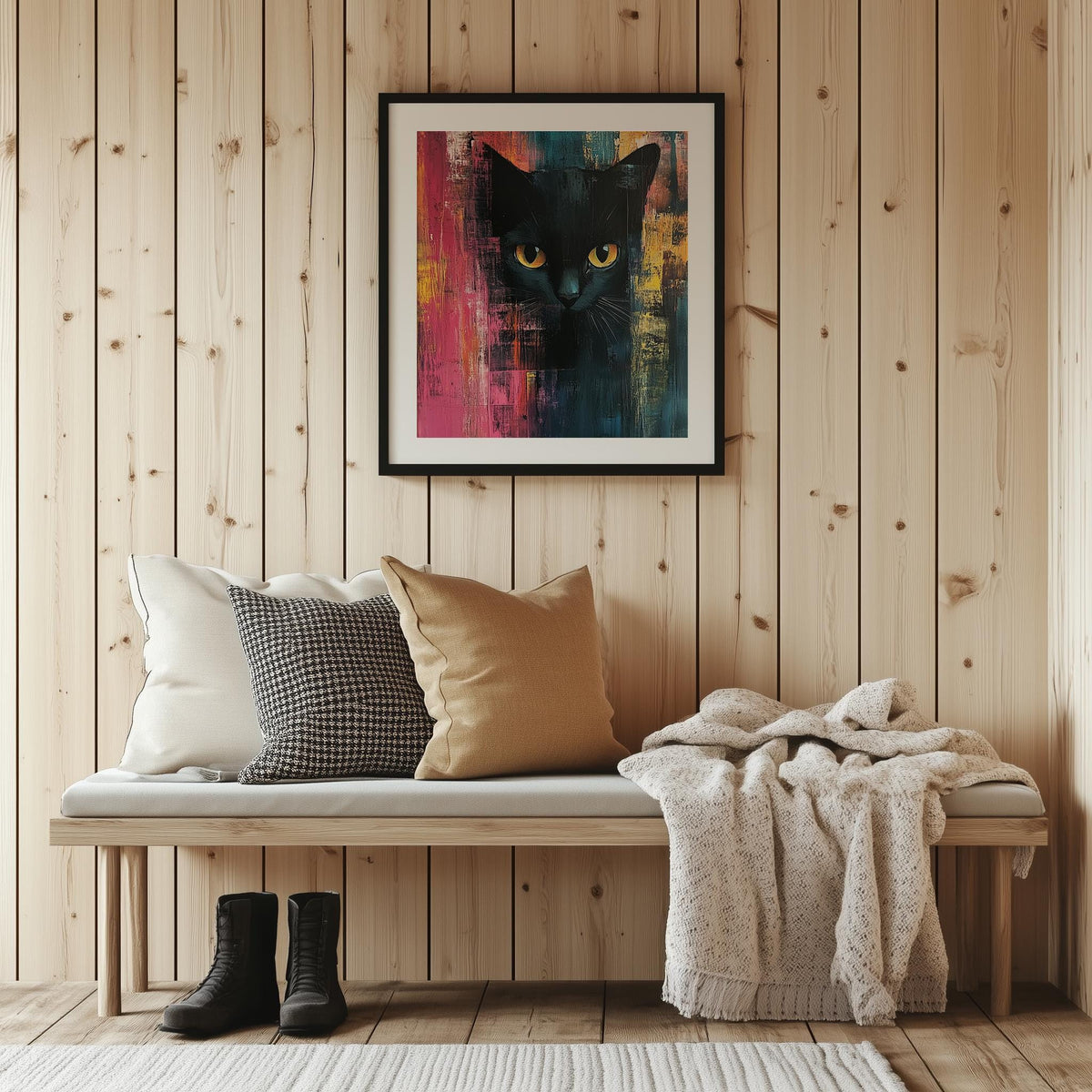 Bold Black Cat animal art print shown in a room setting