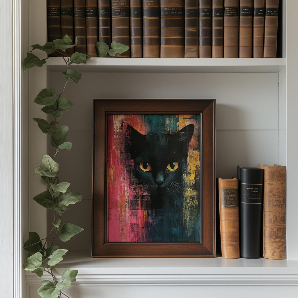 Bold Black Cat animal art print shown in a room setting