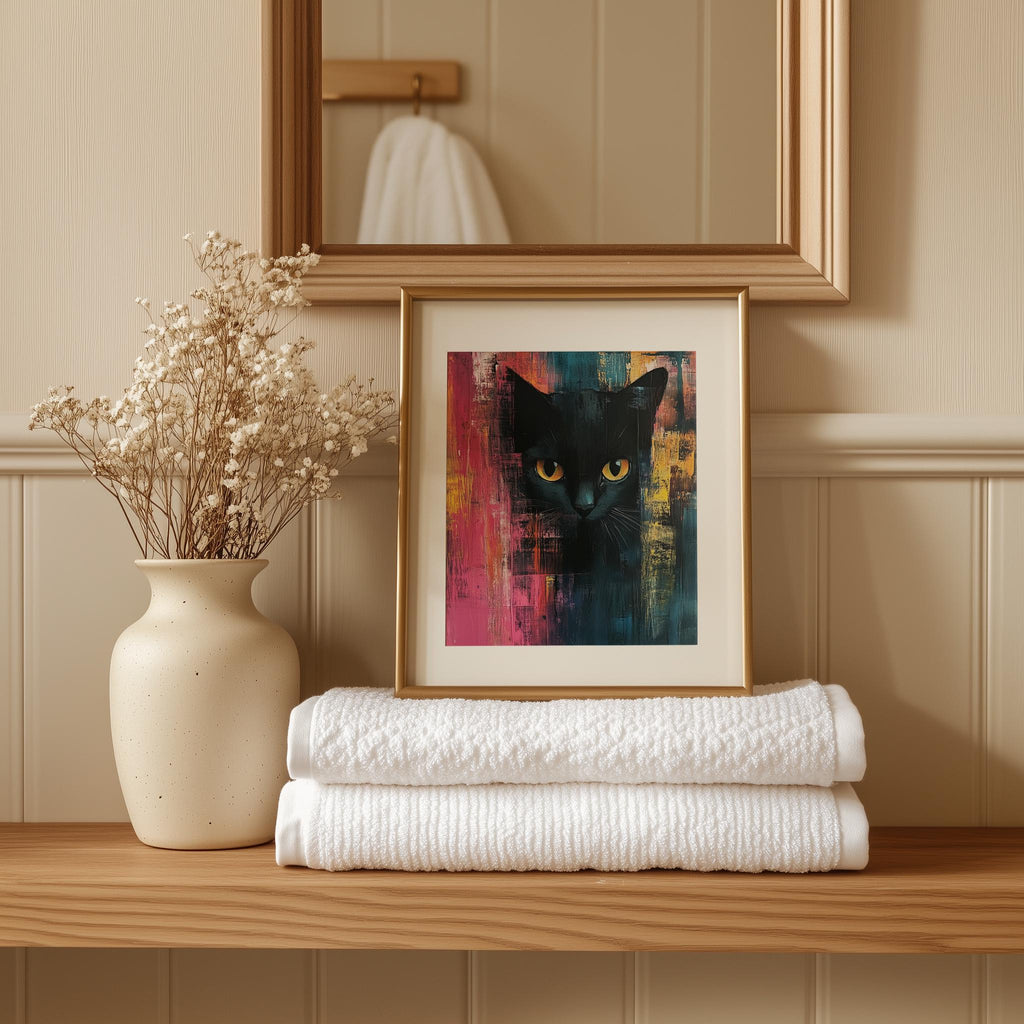 Bold Black Cat animal art print shown in a room setting