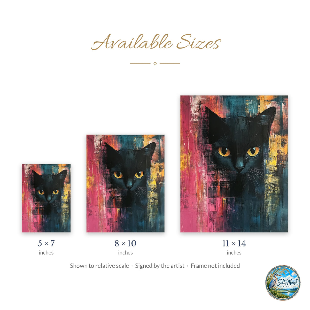 Bold Black Cat art print size guide: 5x7, 8x10 and 11x14