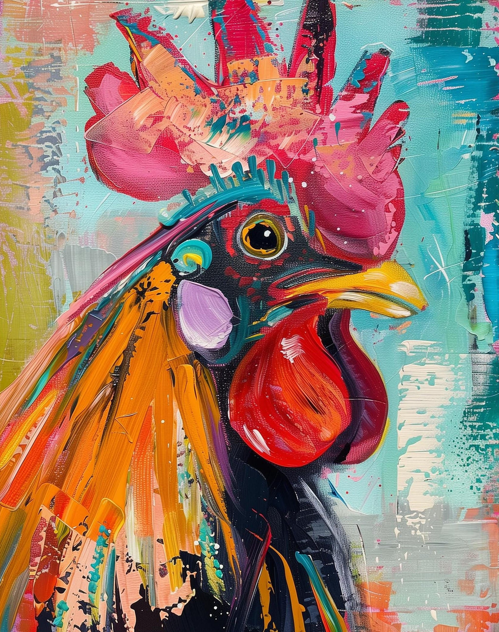 Vibrant Rooster animal art print unframed, signed by Pattie Overcash