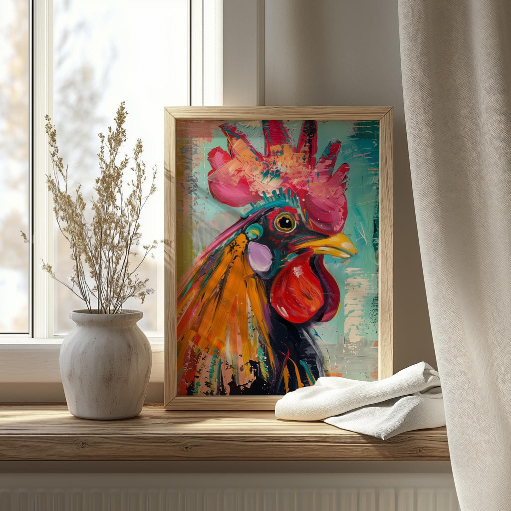 Vibrant Rooster animal art print shown in a room setting