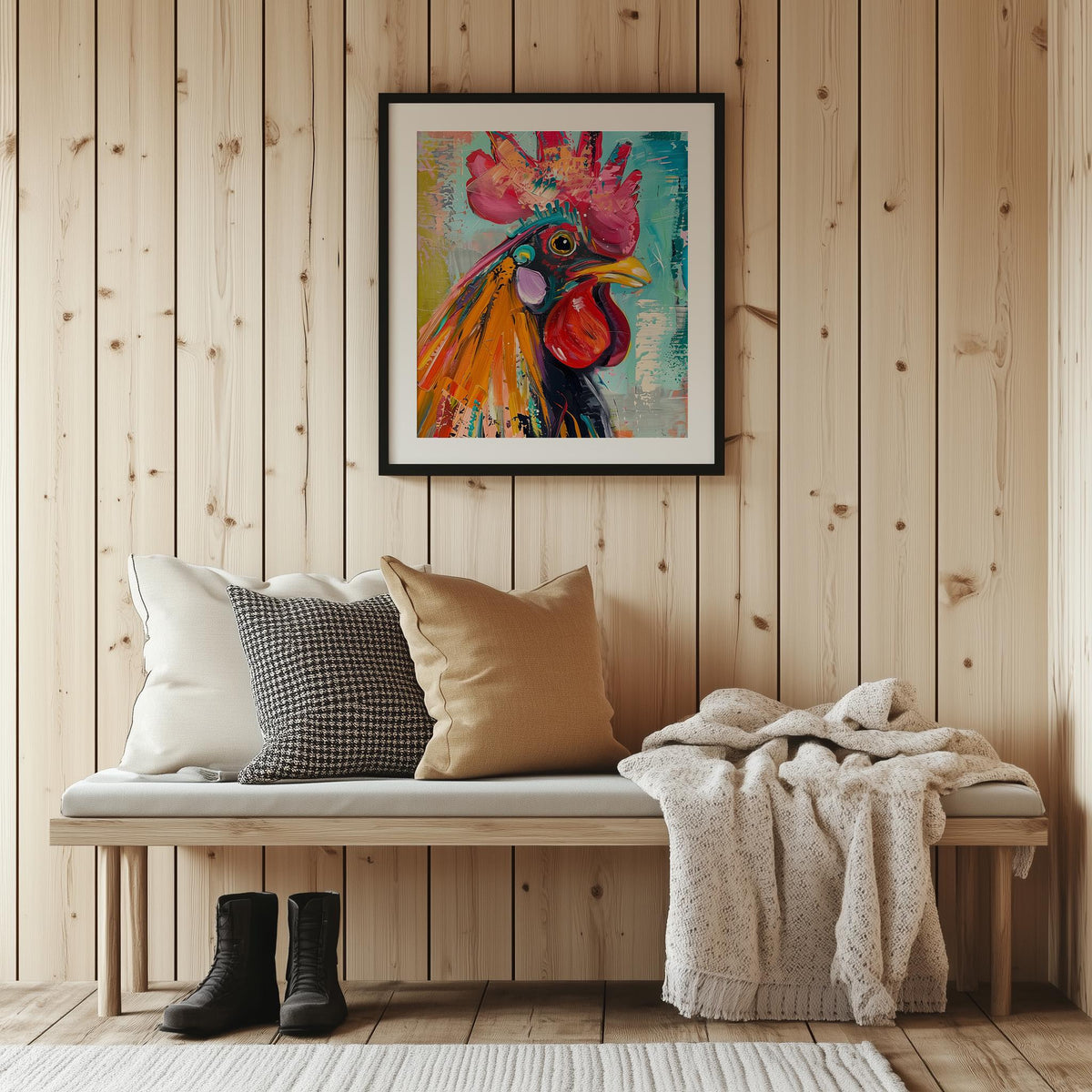 Vibrant Rooster animal art print shown in a room setting