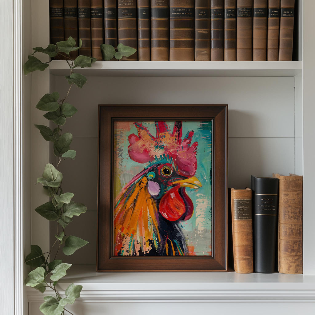 Vibrant Rooster animal art print shown in a room setting