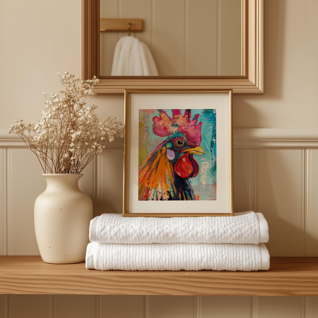 Vibrant Rooster animal art print shown in a room setting