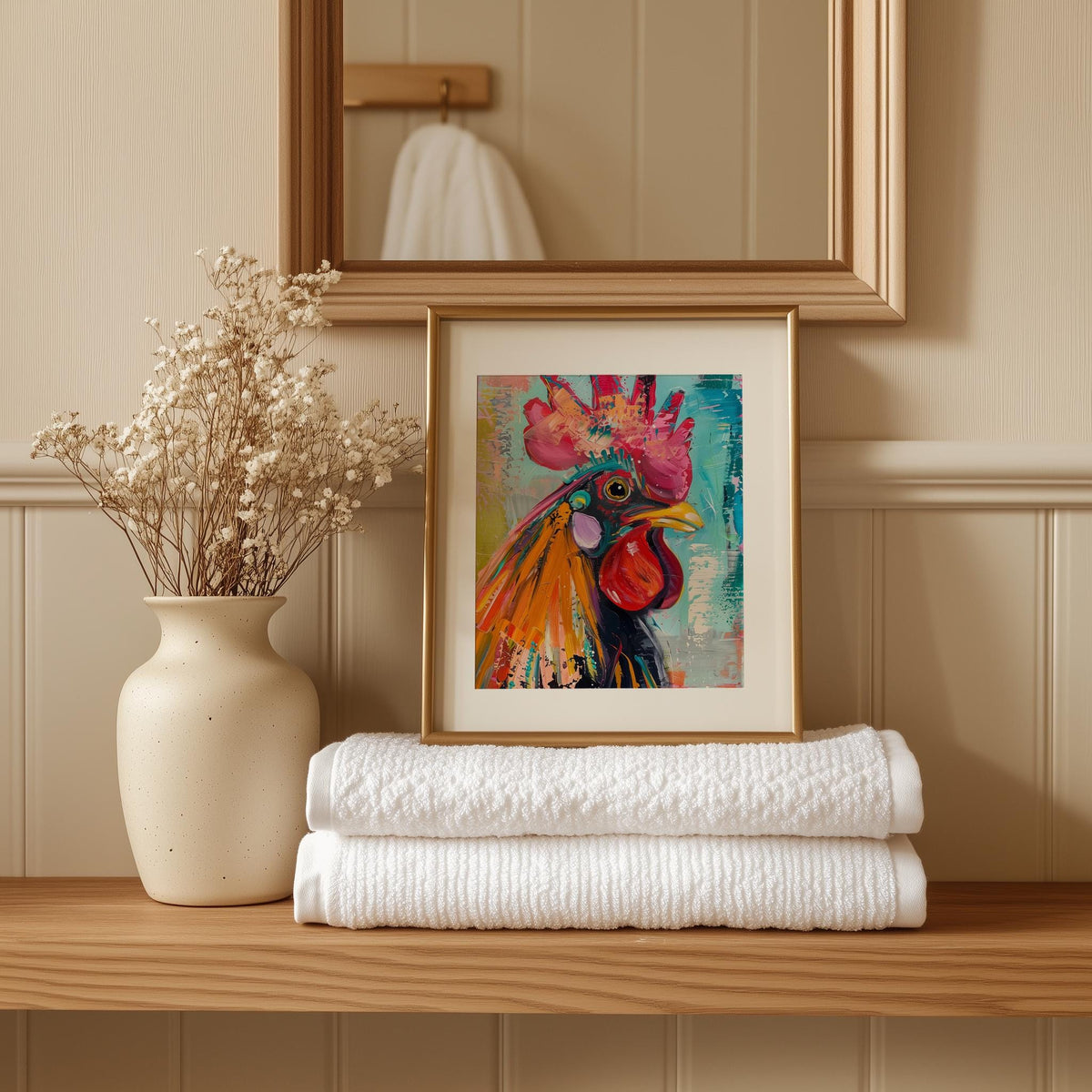 Vibrant Rooster animal art print shown in a room setting