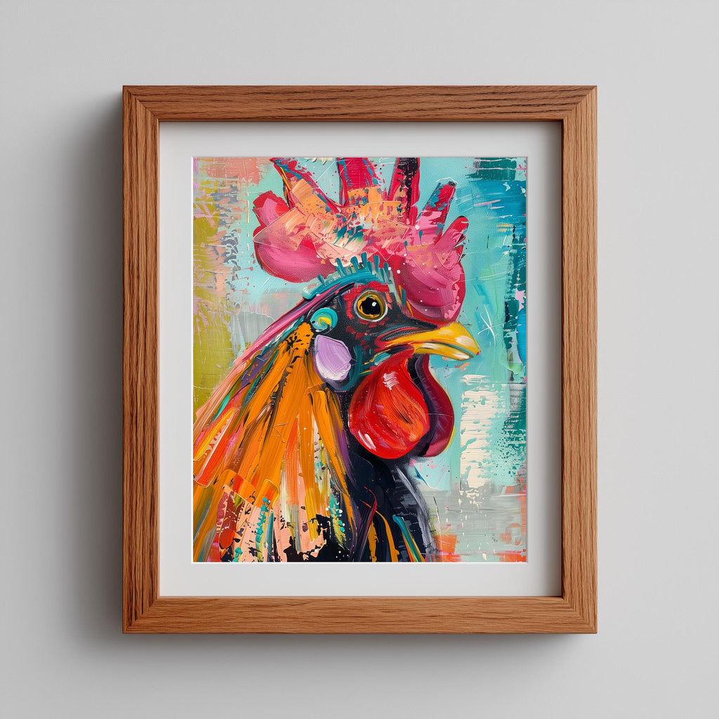Vibrant Rooster animal art print shown in a room setting