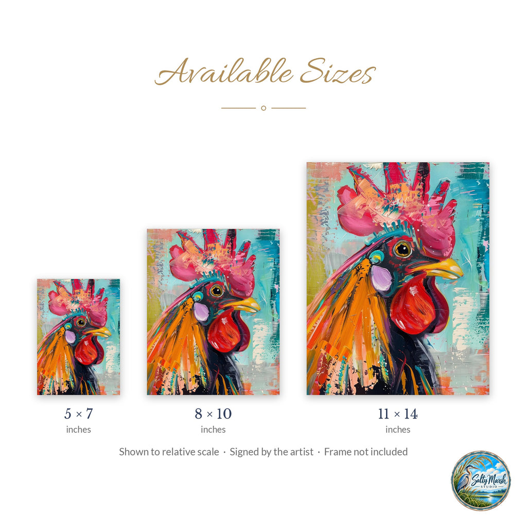 Vibrant Rooster art print size guide: 5x7, 8x10 and 11x14
