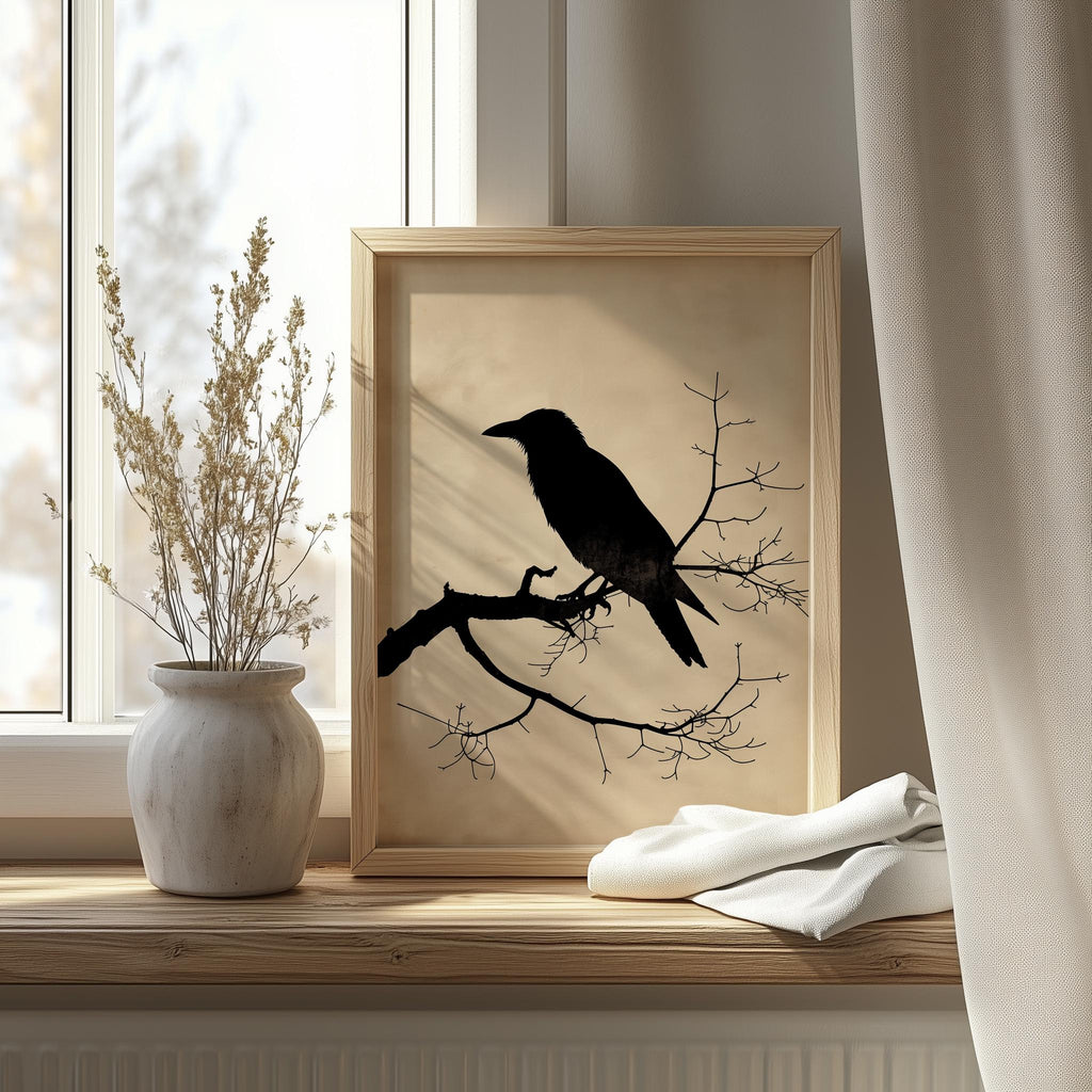 Raven Silhouette winter art print shown in a room setting