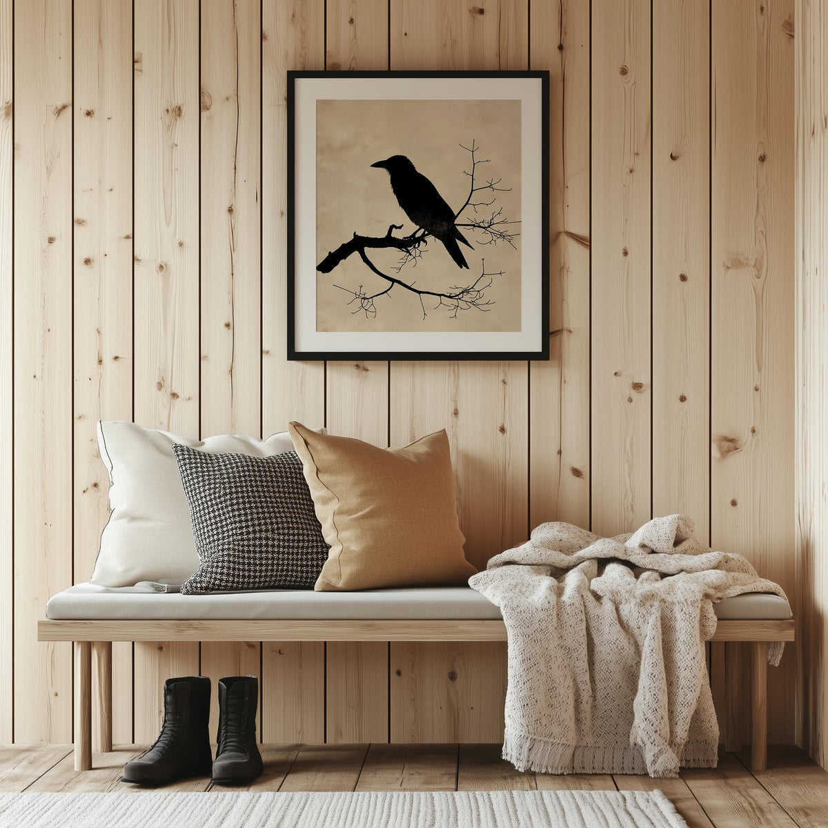 Raven Silhouette winter art print shown in a room setting