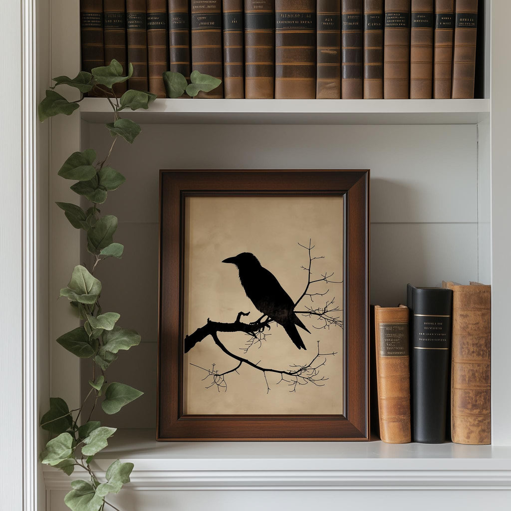 Raven Silhouette winter art print shown in a room setting