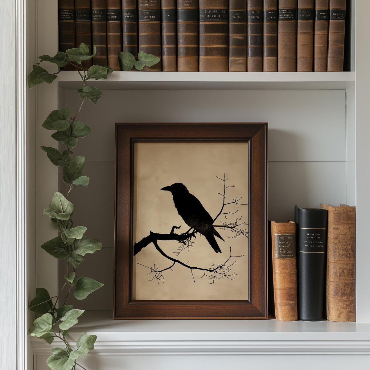 Raven Silhouette winter art print shown in a room setting