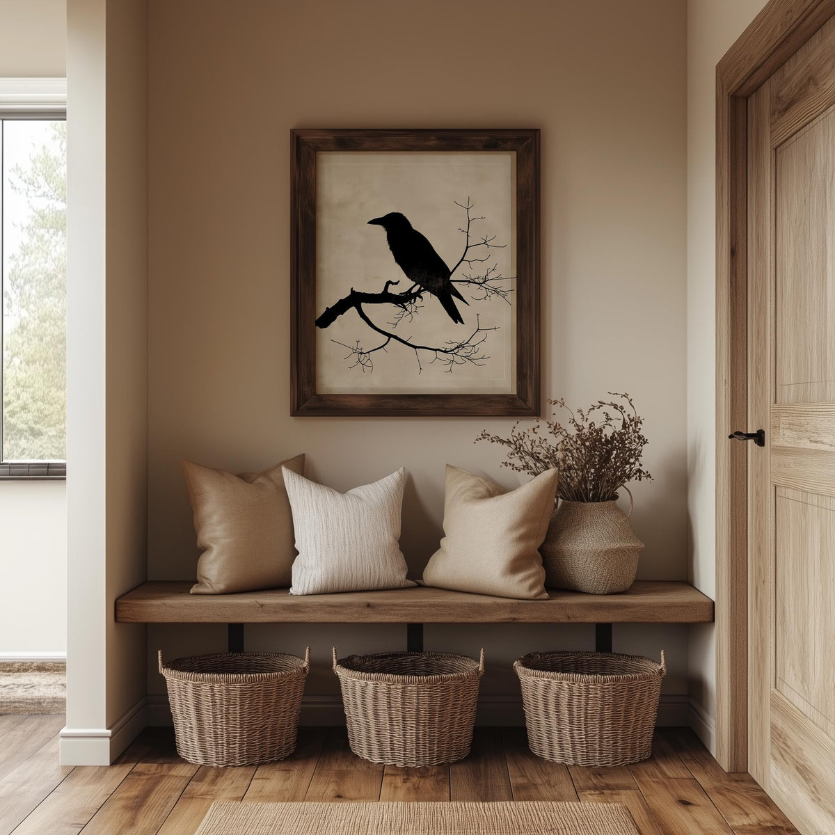 Raven Silhouette winter art print shown in a room setting