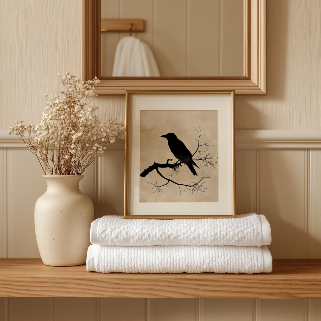 Raven Silhouette winter art print shown in a room setting