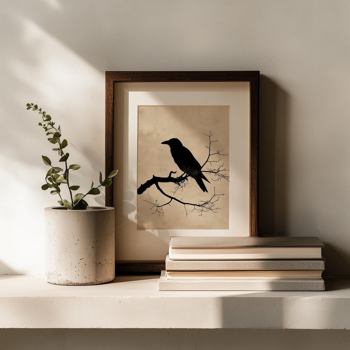 Raven Silhouette winter art print shown in a room setting