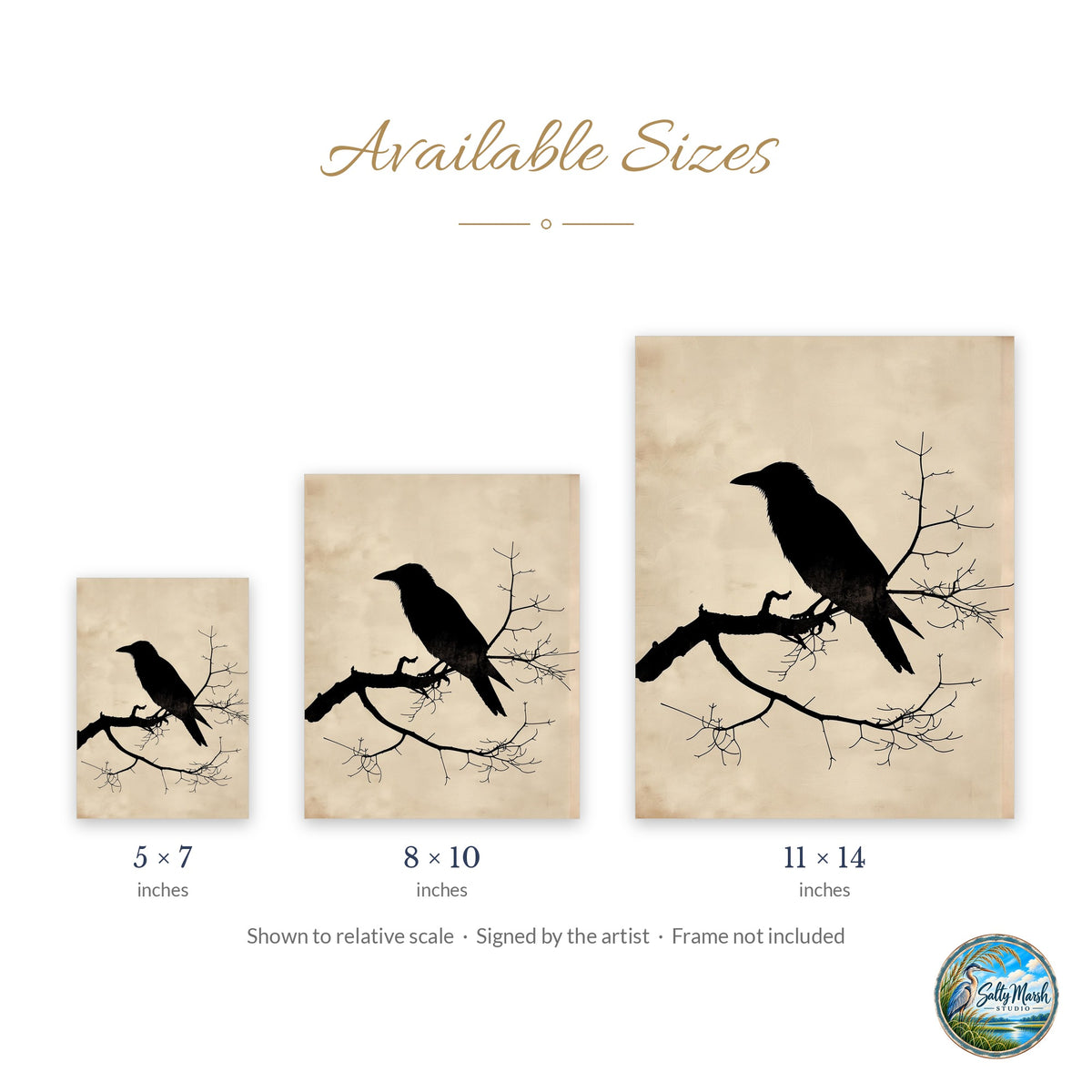 Raven Silhouette art print size guide: 5x7, 8x10 and 11x14