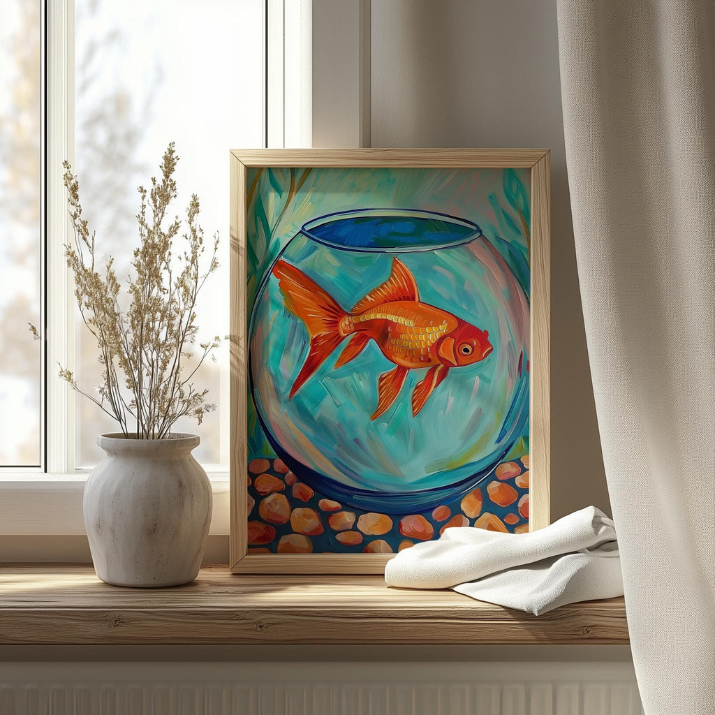 Goldfish Bowl animal art print shown in a room setting