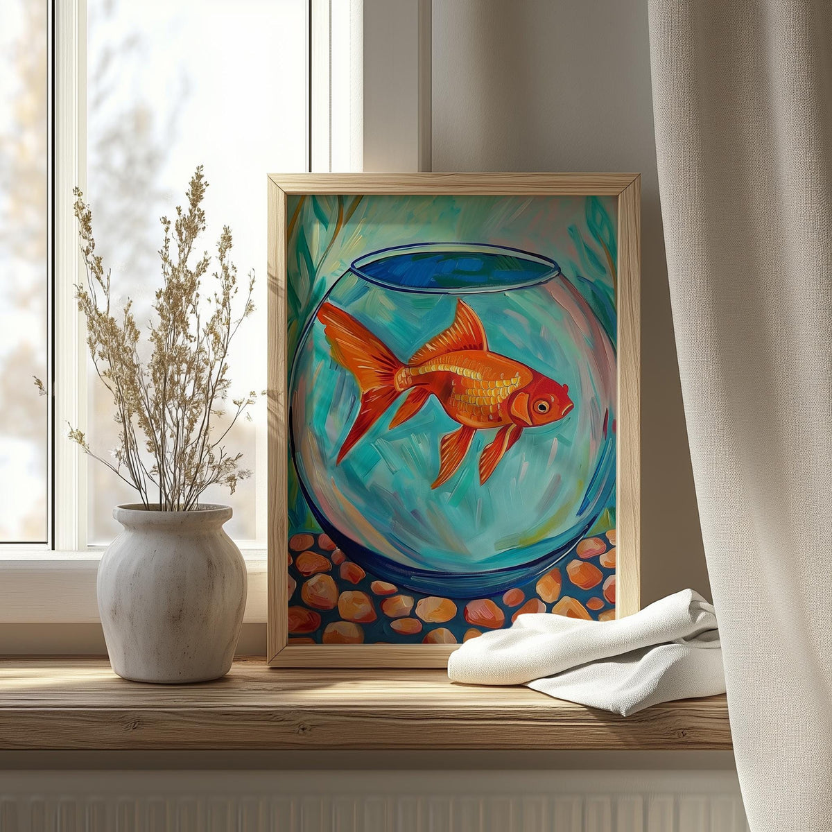 Goldfish Bowl animal art print shown in a room setting