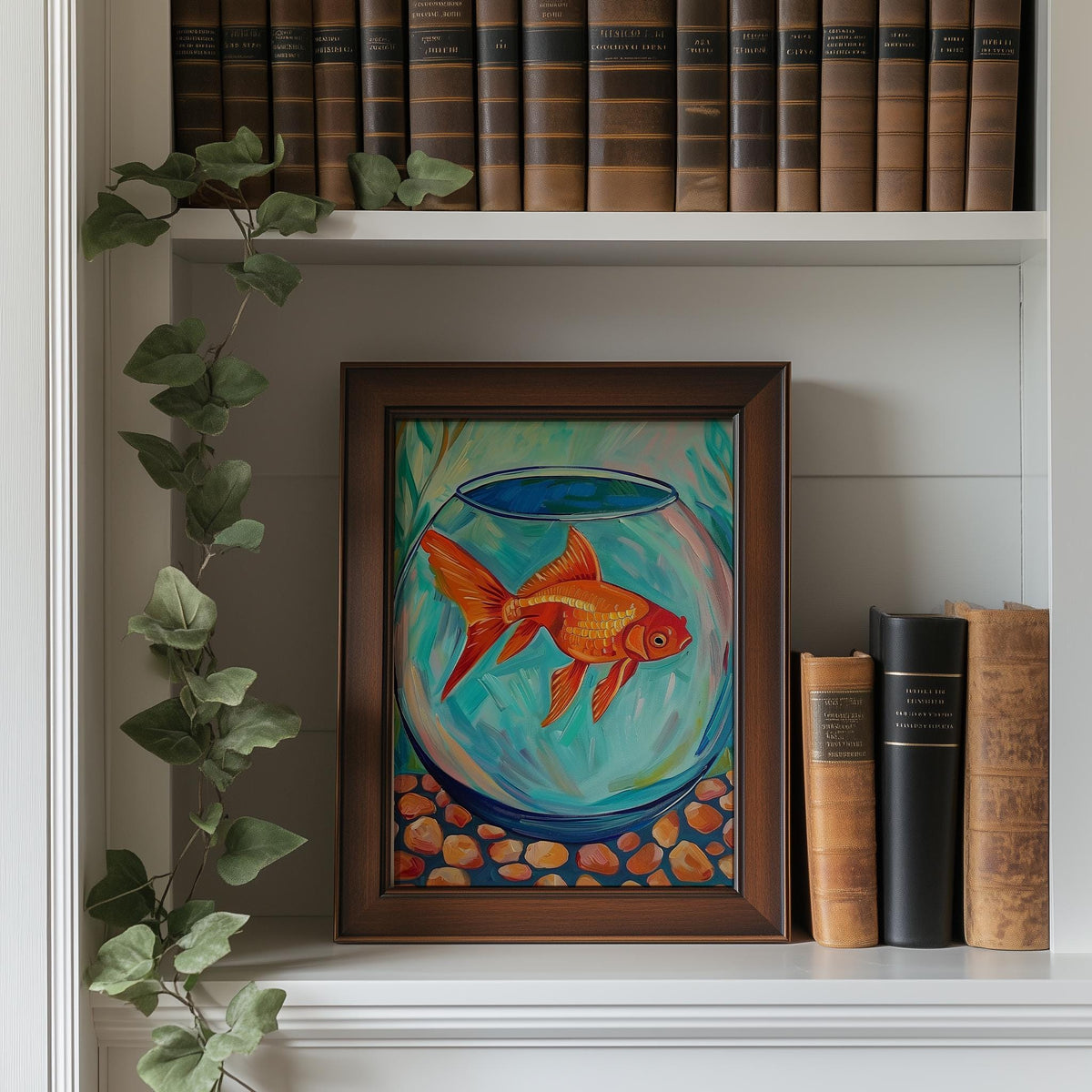 Goldfish Bowl animal art print shown in a room setting