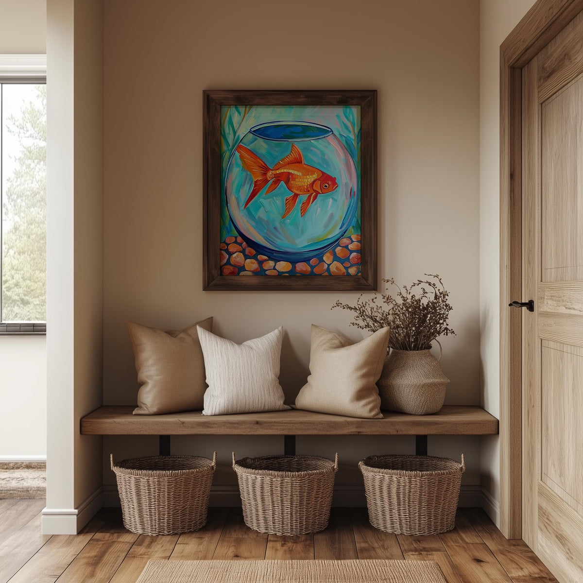 Goldfish Bowl animal art print shown in a room setting