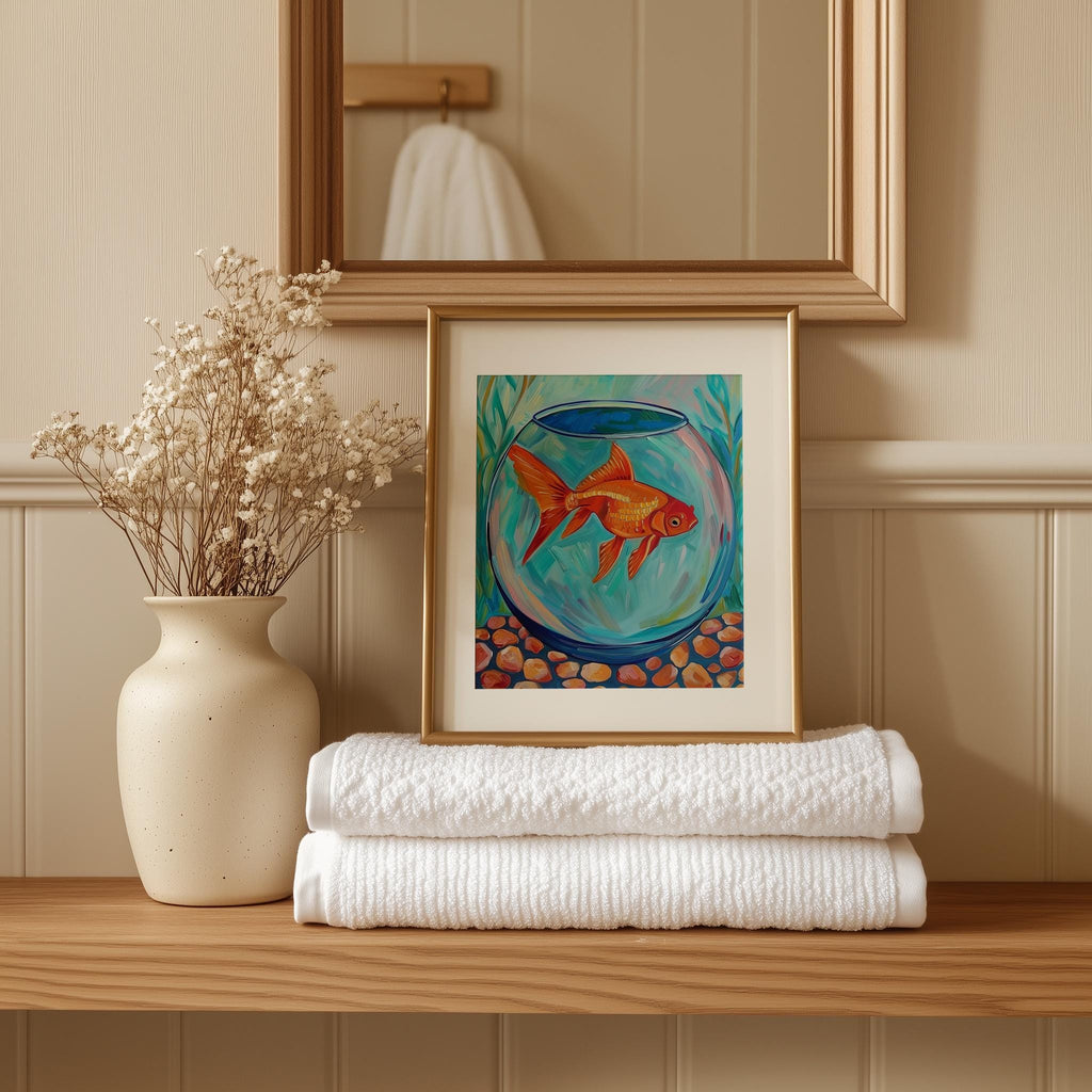 Goldfish Bowl animal art print shown in a room setting