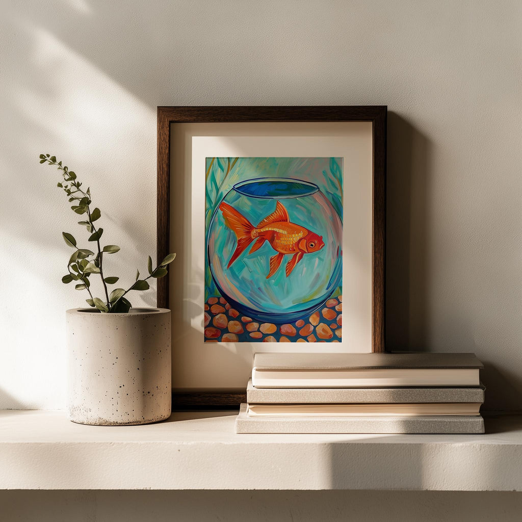 Goldfish Bowl animal art print shown in a room setting