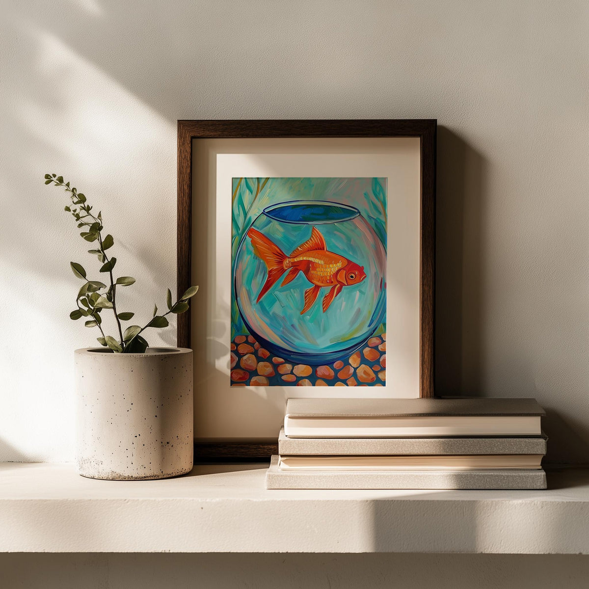 Goldfish Bowl animal art print shown in a room setting