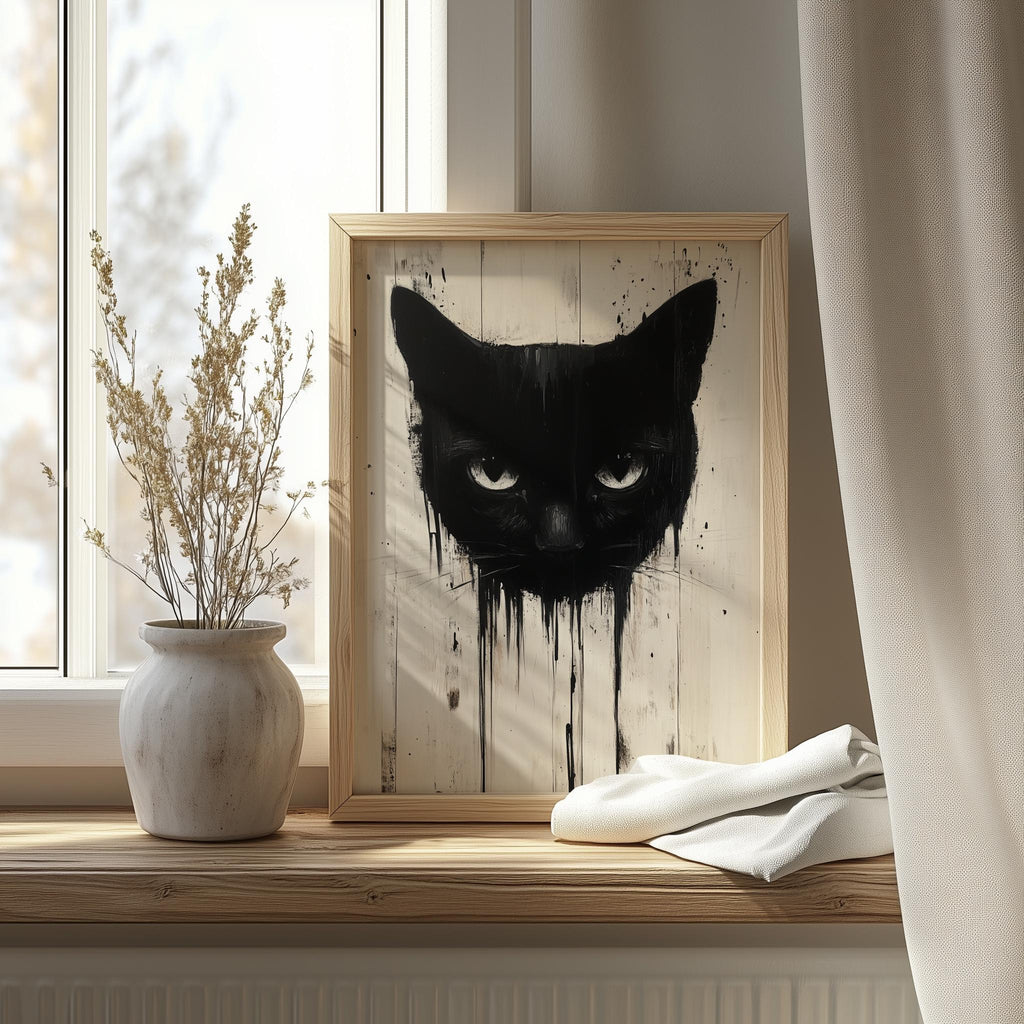 Dripping Black Cat Halloween art print shown in a room setting