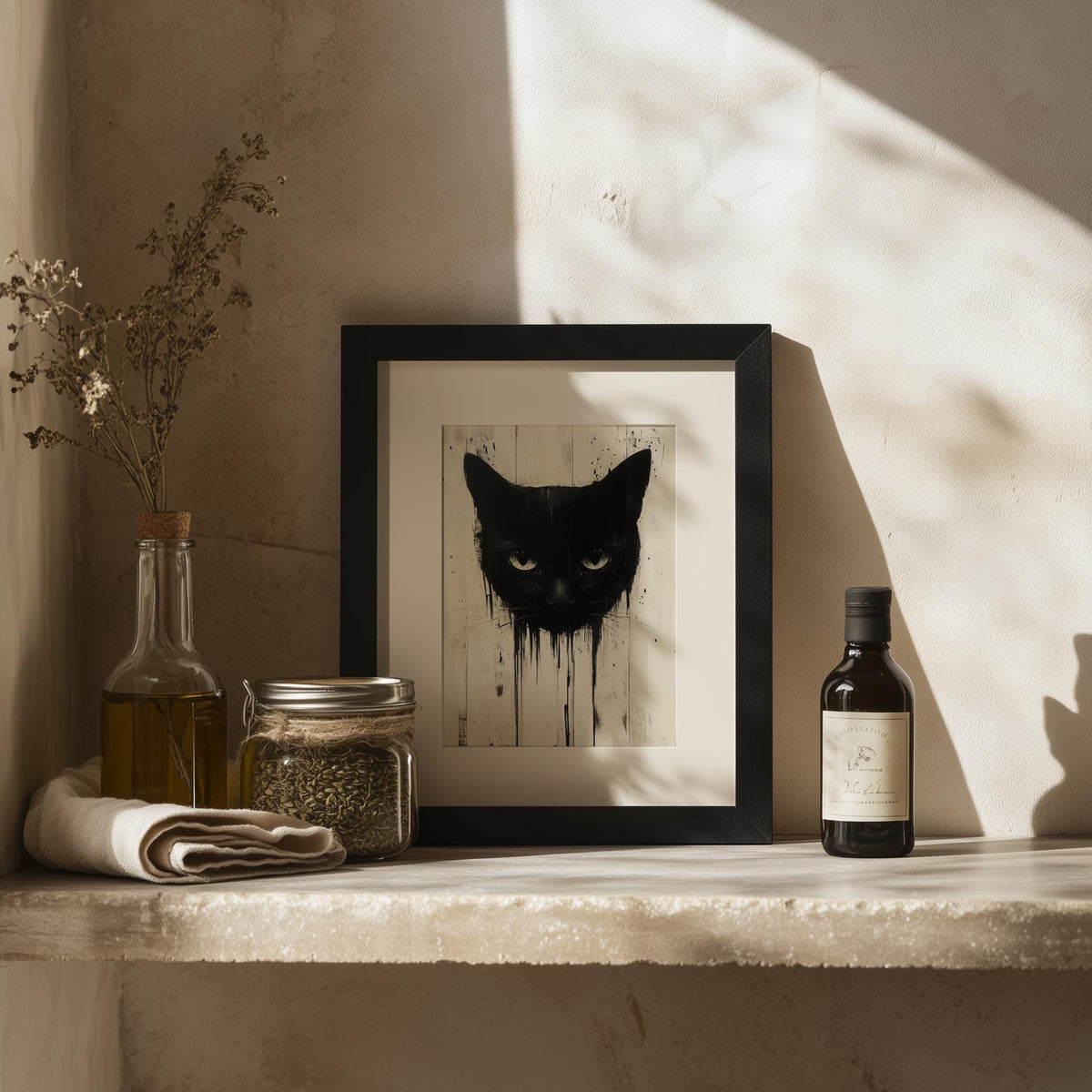 Dripping Black Cat Halloween art print shown in a room setting