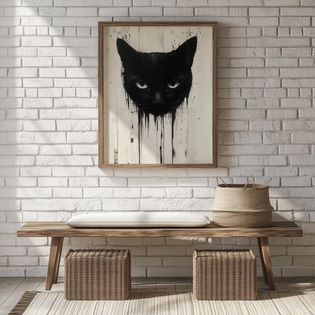 Dripping Black Cat Halloween art print shown in a room setting