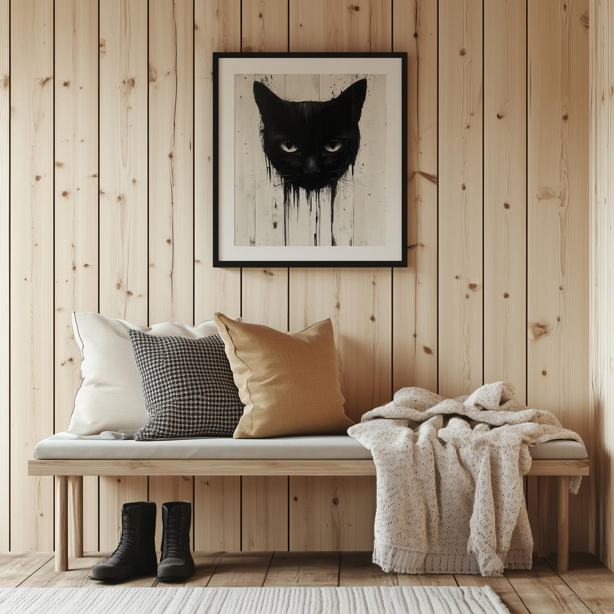 Dripping Black Cat Halloween art print shown in a room setting