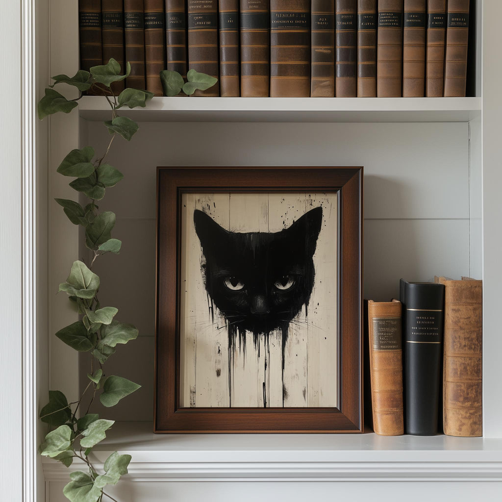 Dripping Black Cat Halloween art print shown in a room setting